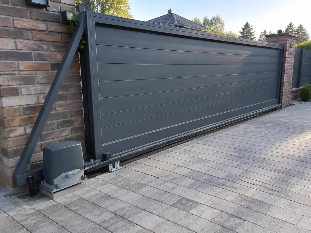 Portón corredero de metal con motor de automatización instalado en el acceso a una vivienda